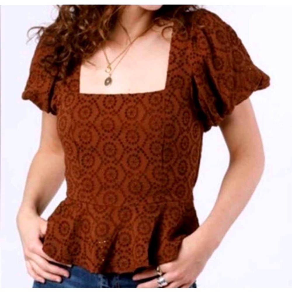 Band of the Free~Palmer Eyelet Lace Walnut Brown~Boho Peplum Top ~Size Large NWT